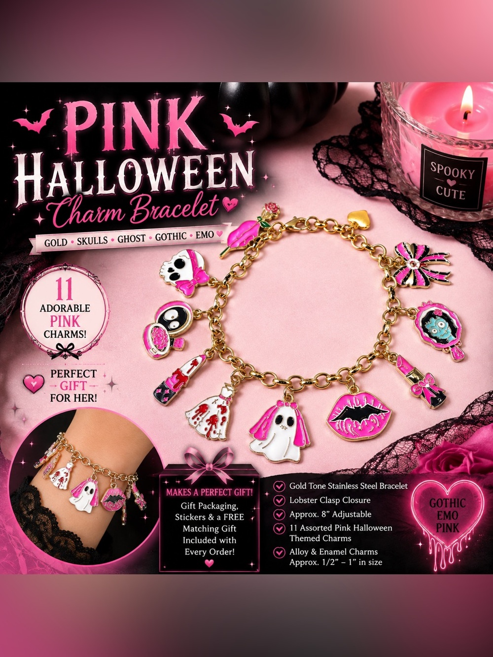 Pink Halloween Charm Bracelet, Spooky Cute Jewelry, Gold Skull Ghost Bracelet